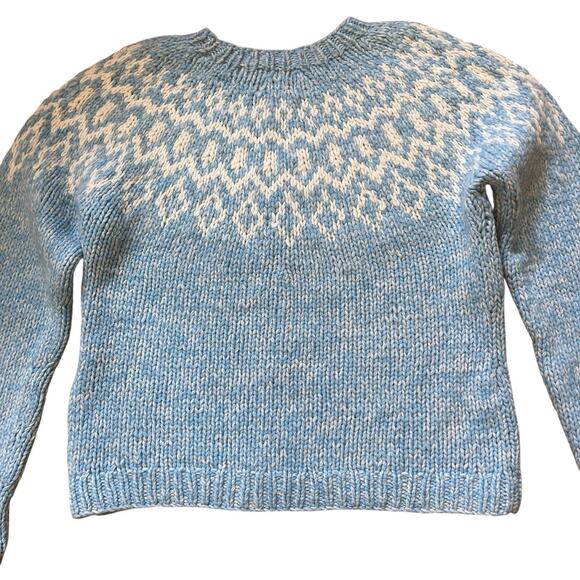 American Eagle Women’s Blue & White Fair Isle Handknit 100% Lambswool Sweater M - Picture 7 of 12
